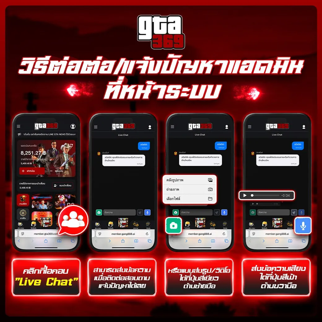 ช่องทางติดต่อแอดมิน GTA369 แจ้งปัญหาผ่าน Live Chat หน้าเว็บไซต์ รองรับการส่งรูปภาพและข้อความเสียง บริการตลอด 24 ชั่วโมง