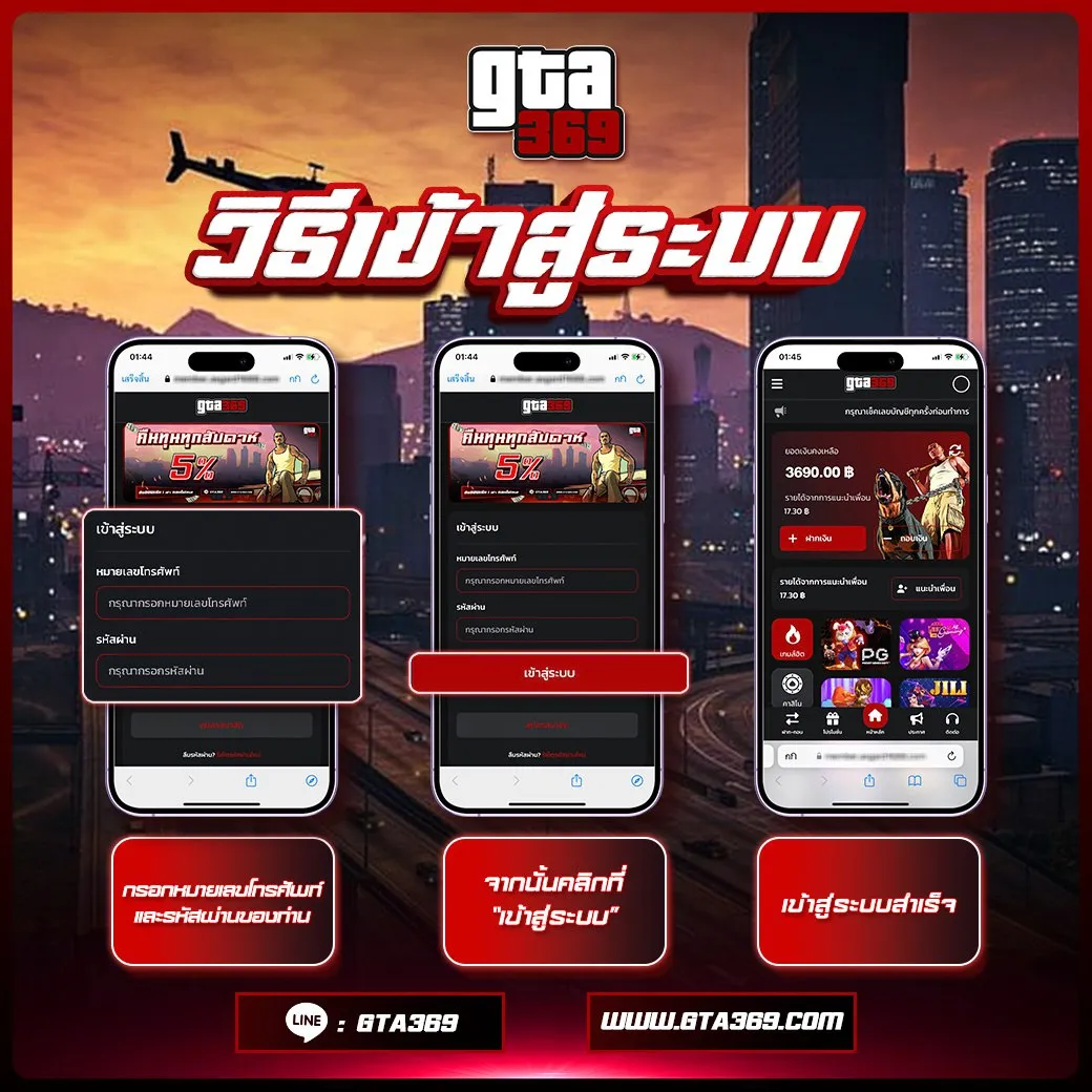 วิธีเข้าสู่ระบบ GTA369 ผ่านมือถือ ขั้นตอนการกรอกเบอร์โทรศัพท์และรหัสผ่านที่หน้าทางเข้าหลัก เพื่อเริ่มเดิมพันสล็อตและคาสิโนออนไลน์