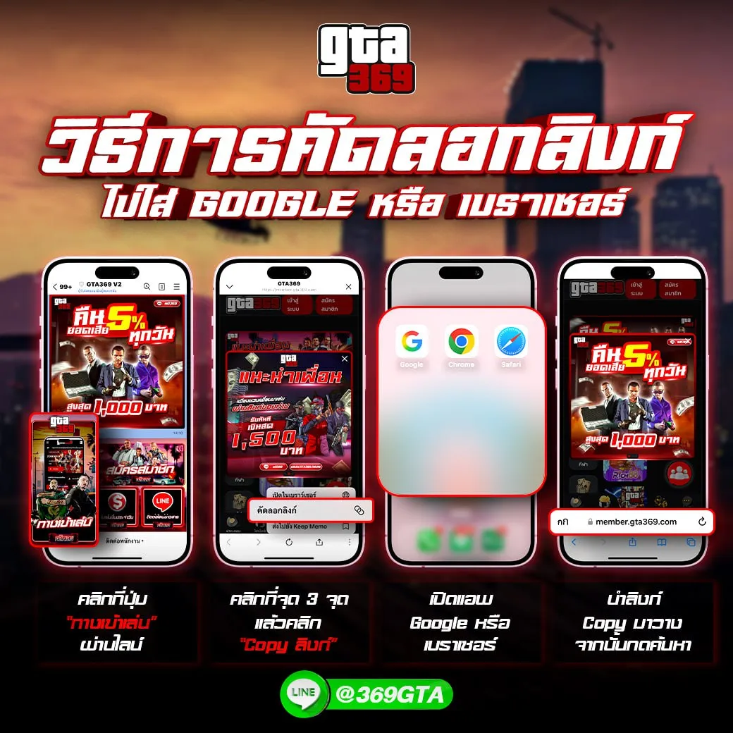 วิธีแก้ปัญหาทางเข้า GTA369 เข้าไม่ได้ สอนคัดลอกลิงก์จาก LINE ไปเปิดใน Google Chrome หรือ Safari เพื่อการเล่นเกมที่เสถียรที่สุด